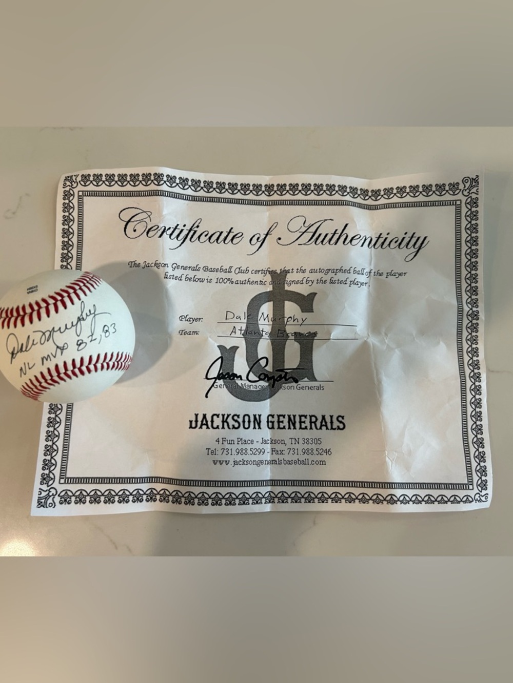 Jackson Generals Certificate of Authenticity - Dale Murphy, Atlanta Braves